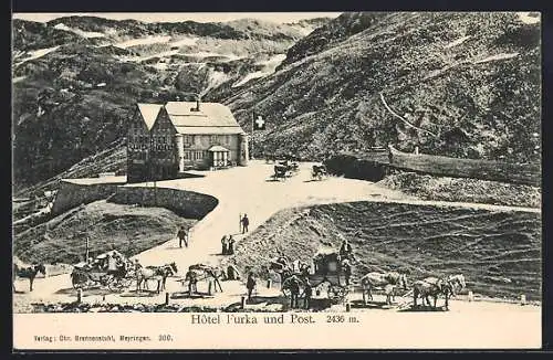 AK Furkapass, Hotel Furka und Post mit Kutschen