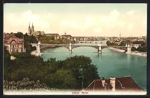 AK Basel, Uferpartie mit Kirche und Brücke