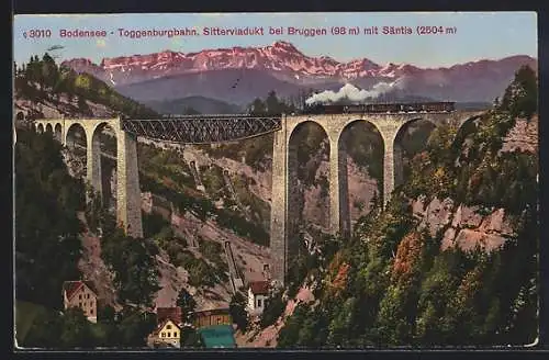 AK Bruggen, Bodensee-Toggenburgbahn auf Sitterviadukt mit Säntis