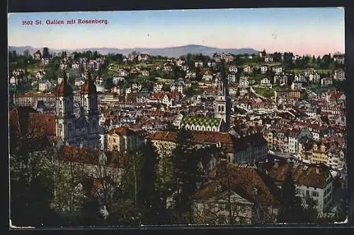 AK St. Gallen, Teilansicht mit Kirche und Rosenberg