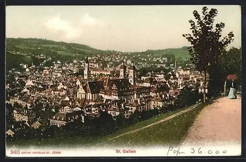 AK St. Gallen, Teilansicht mit Kirche und Promenade