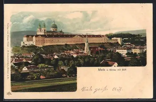 Lithographie Melk a. Donau, Ortsansicht mit dem Stift