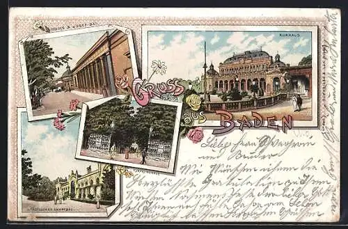 Lithographie Baden, Frauen- & Josef-Bad, Städtisches Dampfbad, Kurpromenade, Kurhaus