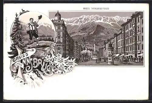 Lithographie Innsbruck, Maria Theresienstrasse mit Litfasssäule