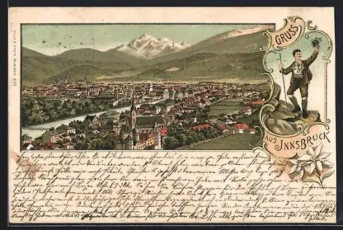 Lithographie Innsbruck, Gesamtansicht gegen die Berge