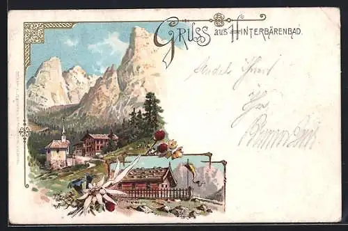 Lithographie Hinterbärenbad, Ortsansicht mit Gasthütte