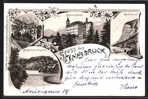 Lithographie Innsbruck, Martinswand, Schloss Ambras, Sillfall beim Berg Isel