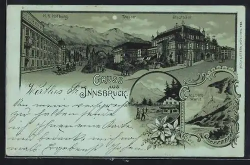 Mondschein-Lithographie Innsbruck, K. k. Hofburg, Theater, Stadtsäle, Martinswand