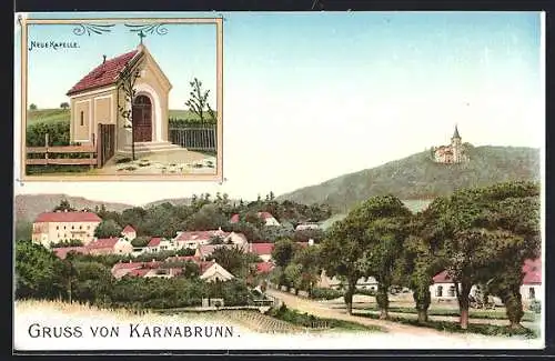 Lithographie Karnabrunn, Ortsansicht von oben, Neue Kapelle