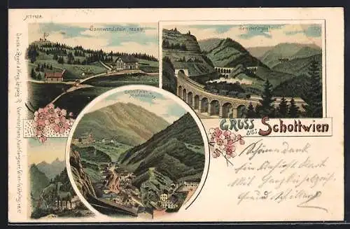 Lithographie Schottwien, Teilansicht und Mariaschutz, Sonnwendstein, Semmeringbahn