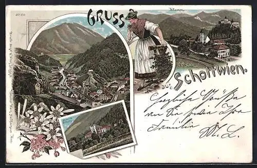 Lithographie Schottwien, Blick auf den Ort, Frau in Trachten, Klamm