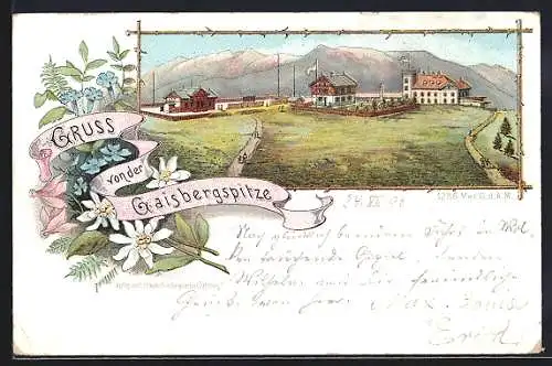 Lithographie Gaisbergspitze, Hotel und Restauration, Edelweiss, Blumen