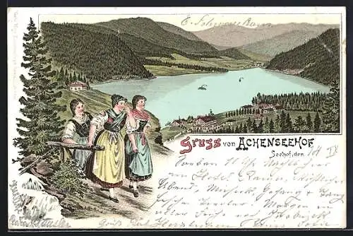 Lithographie Achenkirch, Achenseehof, Totale des Ortes, Damen in Tracht