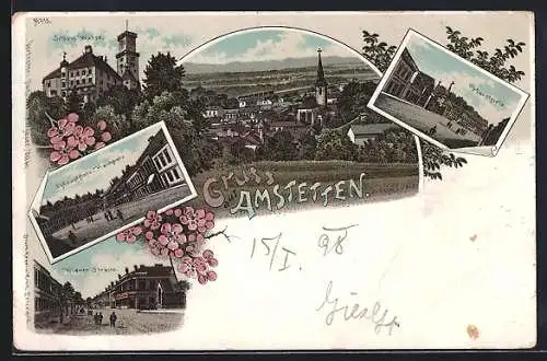 Lithographie Amstetten, Schloss Wallse, Hauptplatz, Wiener Strasse