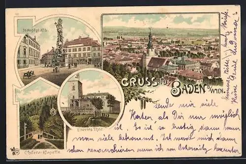 Lithographie Baden, Eisernes Tor, Cholera-Kapelle, Hauptplatz, Pferdekutsche