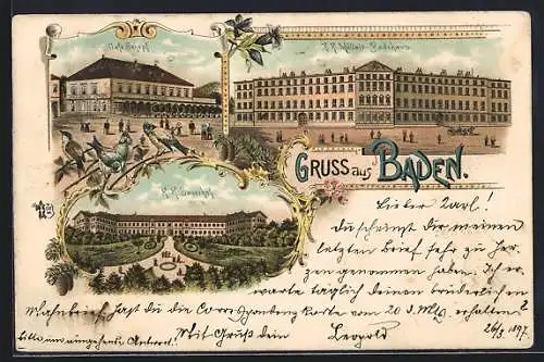 Lithographie Baden, K. k. Militair-Badehaus, Café Schopf, k. k. Sauerhof