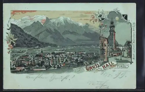 Mondschein-Lithographie Hall /Tirol, Kirche, Gesamtansicht gegen die Berge