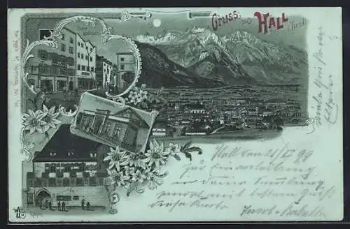 Mondschein-Lithographie Hall /Tirol, Oberer Stadtplatz, Schwimmbad, Rathaus, Gesamtansicht