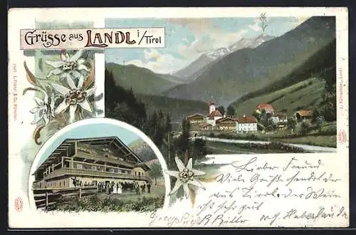 Lithographie Landl / Tirol, Gasthaus, Ortsansicht, Edelweiss