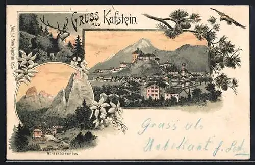 Lithographie Kufstein, Ortsansicht im Abendlicht, Blick auf Hinterbärenbad