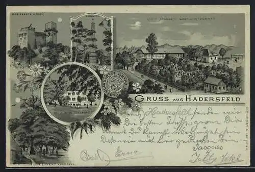 Mondschein-Lithographie Hadersfeld, Alois Aigner`s Gasthaus, Ruine Greifenstein, Obelisk, Schloss in Hadersfeld