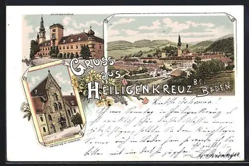 Lithographie Heiligenkreuz / Baden, Stiftseingang, Totalansicht