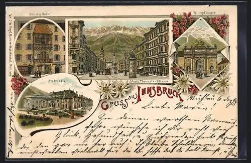 Lithographie Innsbruck, Stadtsäle, Goldenes Dachl, Maria Theresia-Strasse