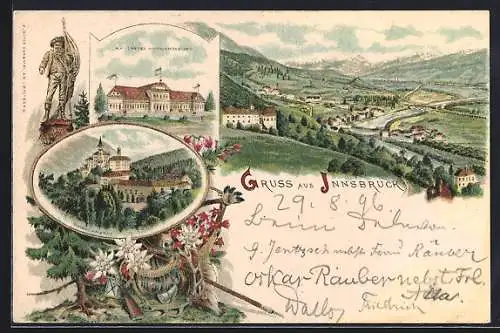 Lithographie Innsbruck, K. k. Landeshauptschiessstand, Schloss Ambras, Gesamtansicht