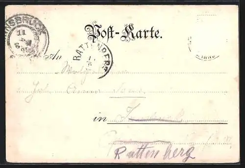 Lithographie Oberperfuss, Gasthaus des Josef Klotz, Bad, Ortsansicht mit Kirche