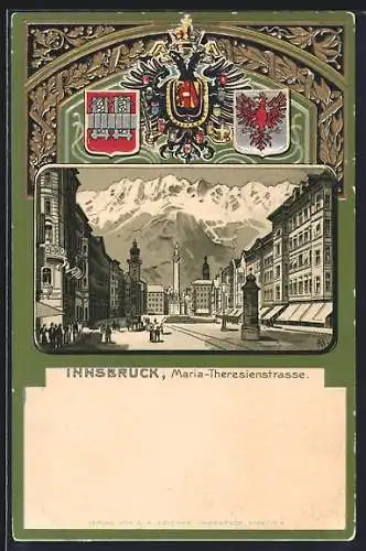 Lithographie Innsbruck, Maria-Thersienstrasse gegen die Berge, Passepartout mit Wappen