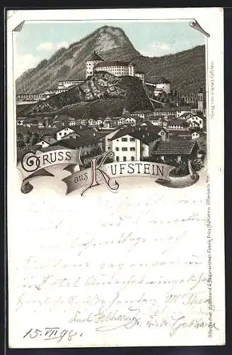 Lithographie Kufstein, Gesamtansicht mit der Festung