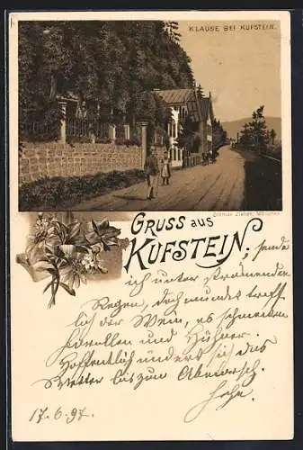 Lithographie Kufstein, Frau und Mann in der Klause bei Kufstein