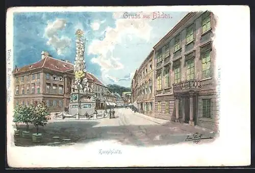 Lithographie Baden, Blick über den Hauptplatz