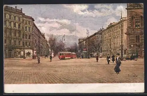 Künstler-AK Wien, Kolowratring mit Strassenbahn