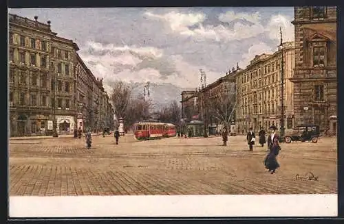 Künstler-AK Wien, Kolowratring mit Strassenbahn