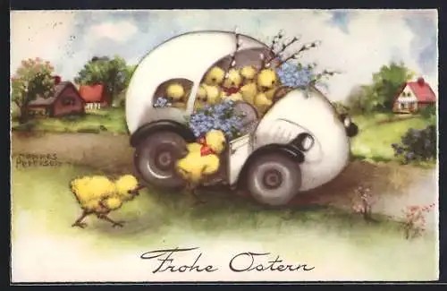 Künstler-AK Hannes Petersen: Küken fahren mit Weidenkätzchenzweigen und Vergissmeinnicht in einem Osterei als Auto