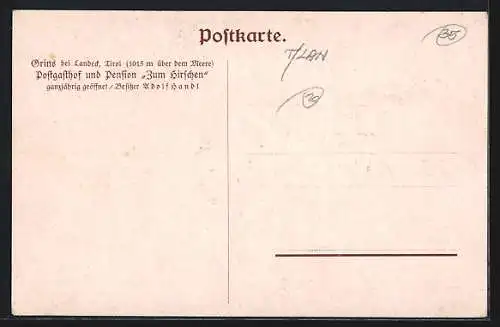 Künstler-AK Grins, Teilansicht mit Gasthaus und Pension Zum Hirschen