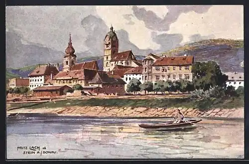 Künstler-AK Stein /Donau, Ortsansicht mit Ruderboot (Gemälde von Fritz Lach)