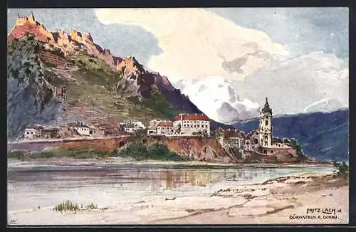 Künstler-AK Fritz Lach: Dürnstein a.Donau, Blick zum Ort mit Kirche