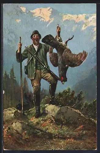 Künstler-AK sign. G. Graf: erfreuter Jäger mit totem Hahn