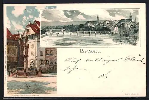 Künstler-AK Karl Mutter: Basel, Ortspartie mit Brücke, Marktplatz mit Brunnen