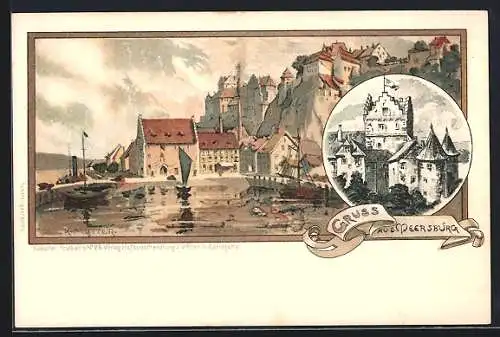 Künstler-AK K. Mutter: AK Meersburg, Gruss aus dem Ort mit Blick auf die Burg