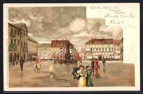 Künstler-Lithographie Carl Münch: Karlsruhe, Marktplatz mit Brunnen