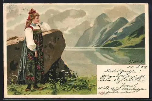 Künstler-Lithographie Alfred Mailick: junge Frau in Tracht steht am Seeufer