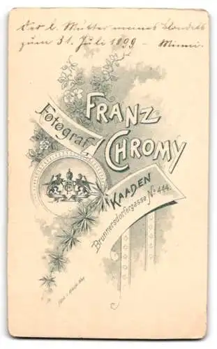 Fotografie F. Chromy, Kaaden, Brunnersdorfergasse 444, Profil Minni um 1899