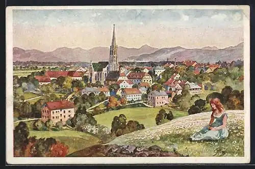 Künstler-AK Bad Hall /Ob.-Oest., Teilansicht mit Kirche
