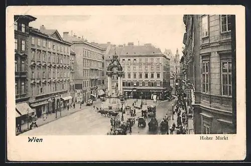 AK Wien, Hoher Markt mit Geschäften und Denkmal