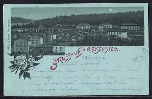 Mondschein-Lithographie Bair. Eisenstein, Ortsansicht mit Waldblick aus der Vogelschau