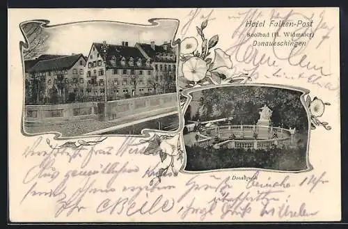 AK Donaueschingen, Hotel Falken-Post H. Widmaier mit Brücke, Donauquelle