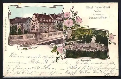 AK Donaueschingen, Hotel Falken-Post H. Widmaier von der Brücke aus, Donauquelle